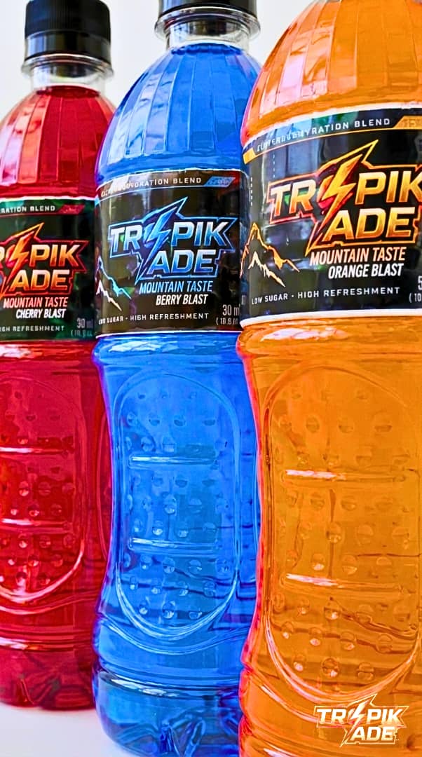 Tropikade Cherry Blast, Berry Blast and Orange Blast bottles