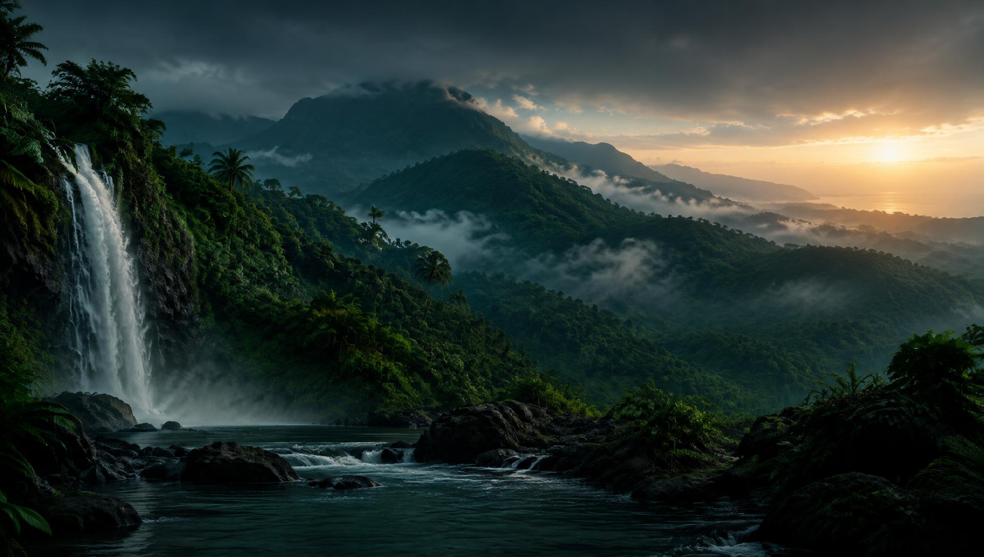 Misty Haitian mountains with a waterfall